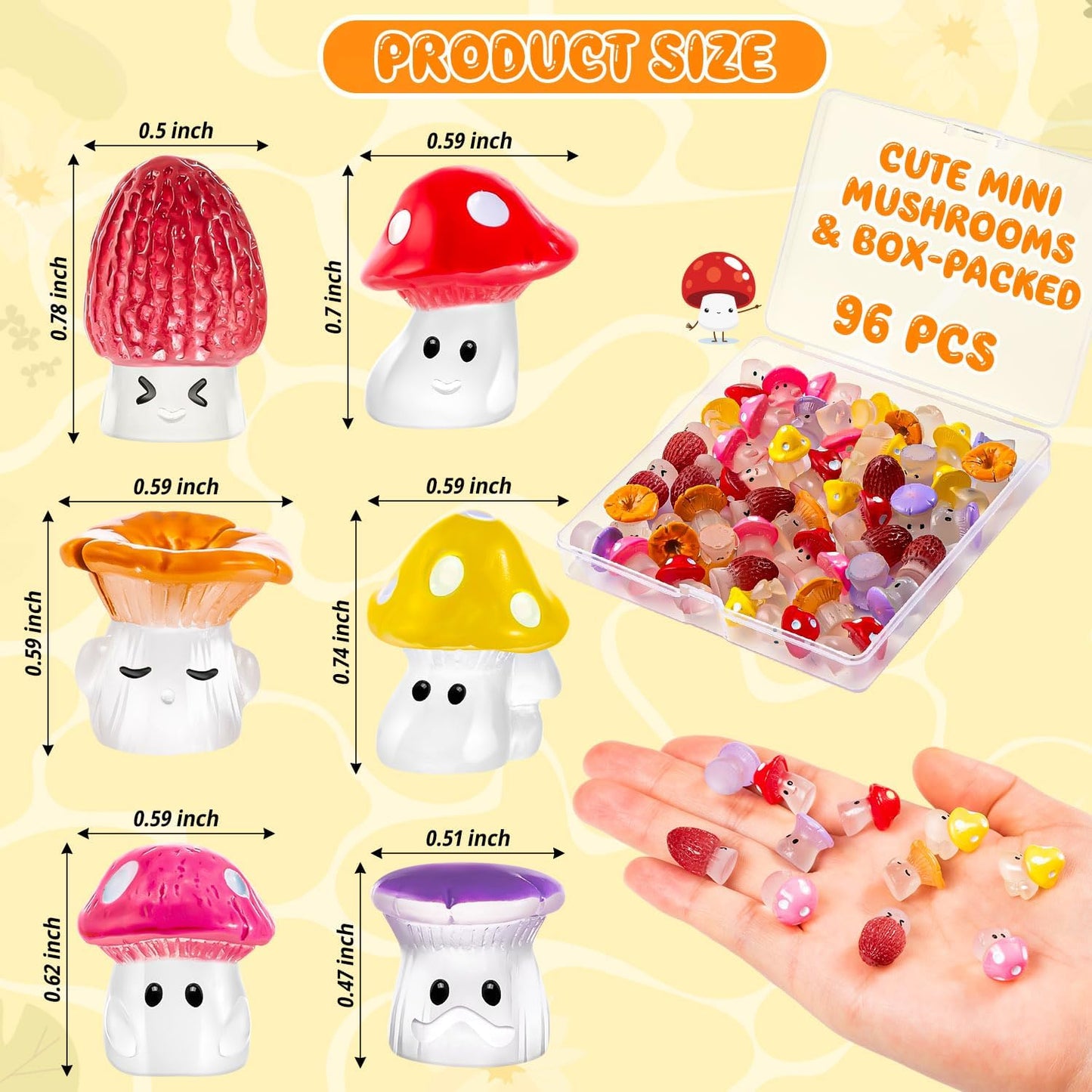Mini Mushrooms Resin Tiny Mushroom Figurines for Fairy Garden Terrarium Accessories / Set of 96