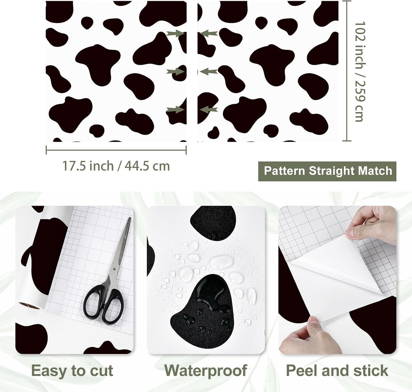 Cow Printed Peel and Stick Wallpaper and White Contact Paper / Vinyl / 17.5 x 102 / Black