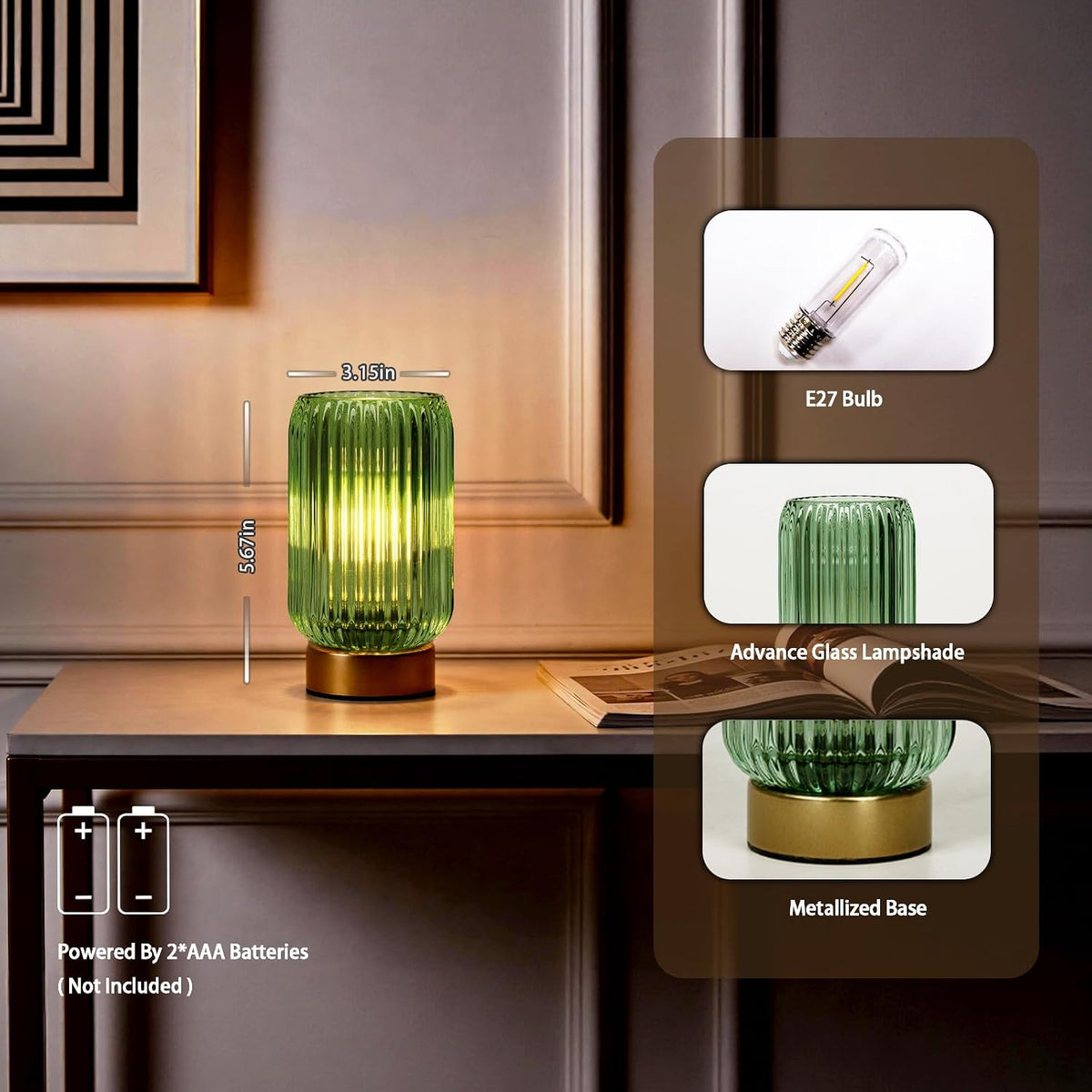 MJ PREMIER Battery Operated Lamp, Small Cordless Lamp with Timer, Green | Vertical Stripes Glass Lampshade, Small Table
