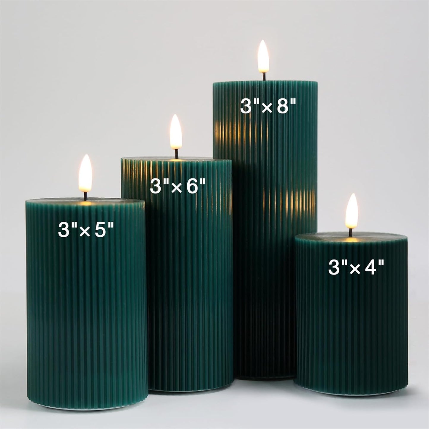 Ribbed Flameless Pillar Candles / Green / Set of 4