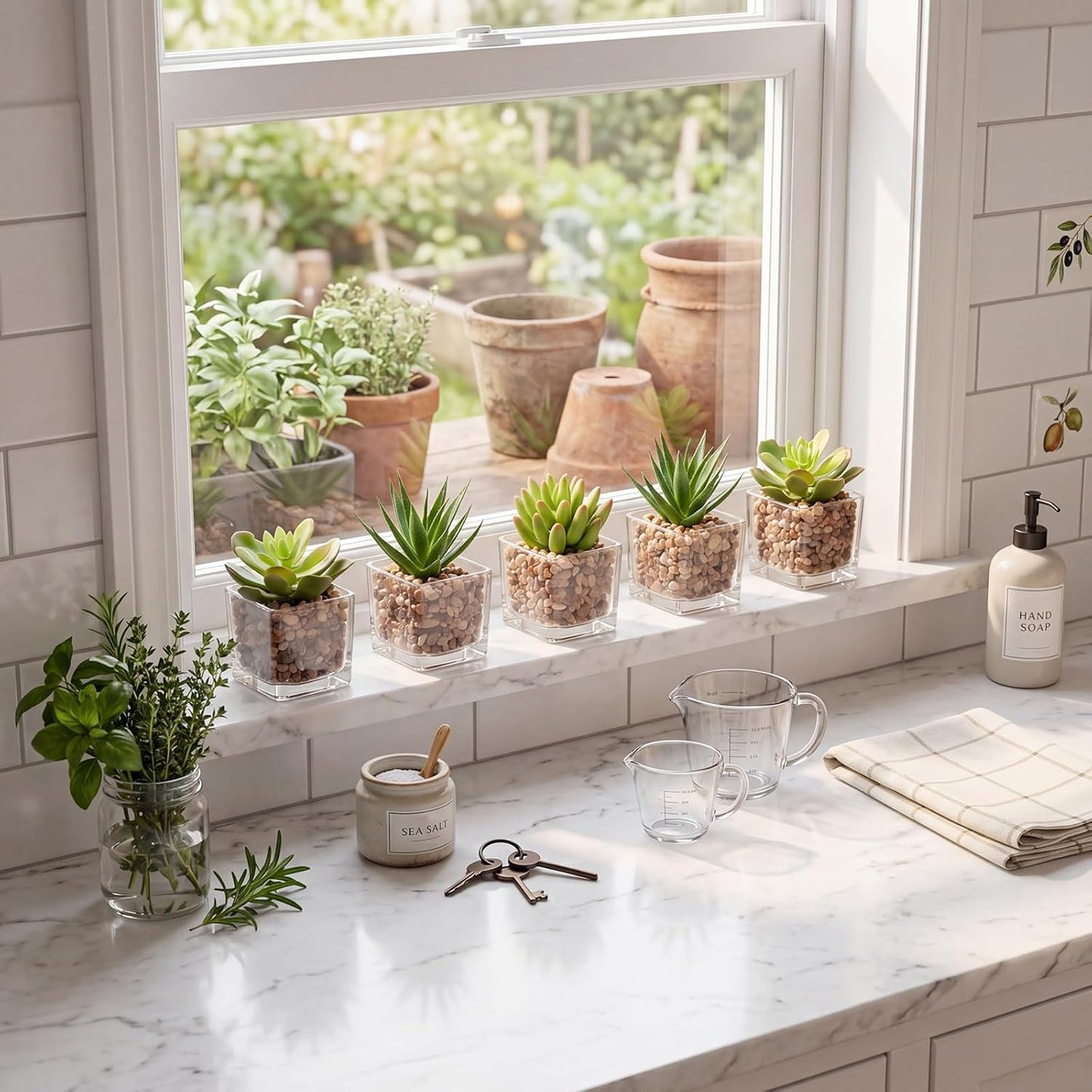 Succulents Plants Artificial in Glass Pots Small Fake Succulents / Succulents #03 / Clear / Set of 4