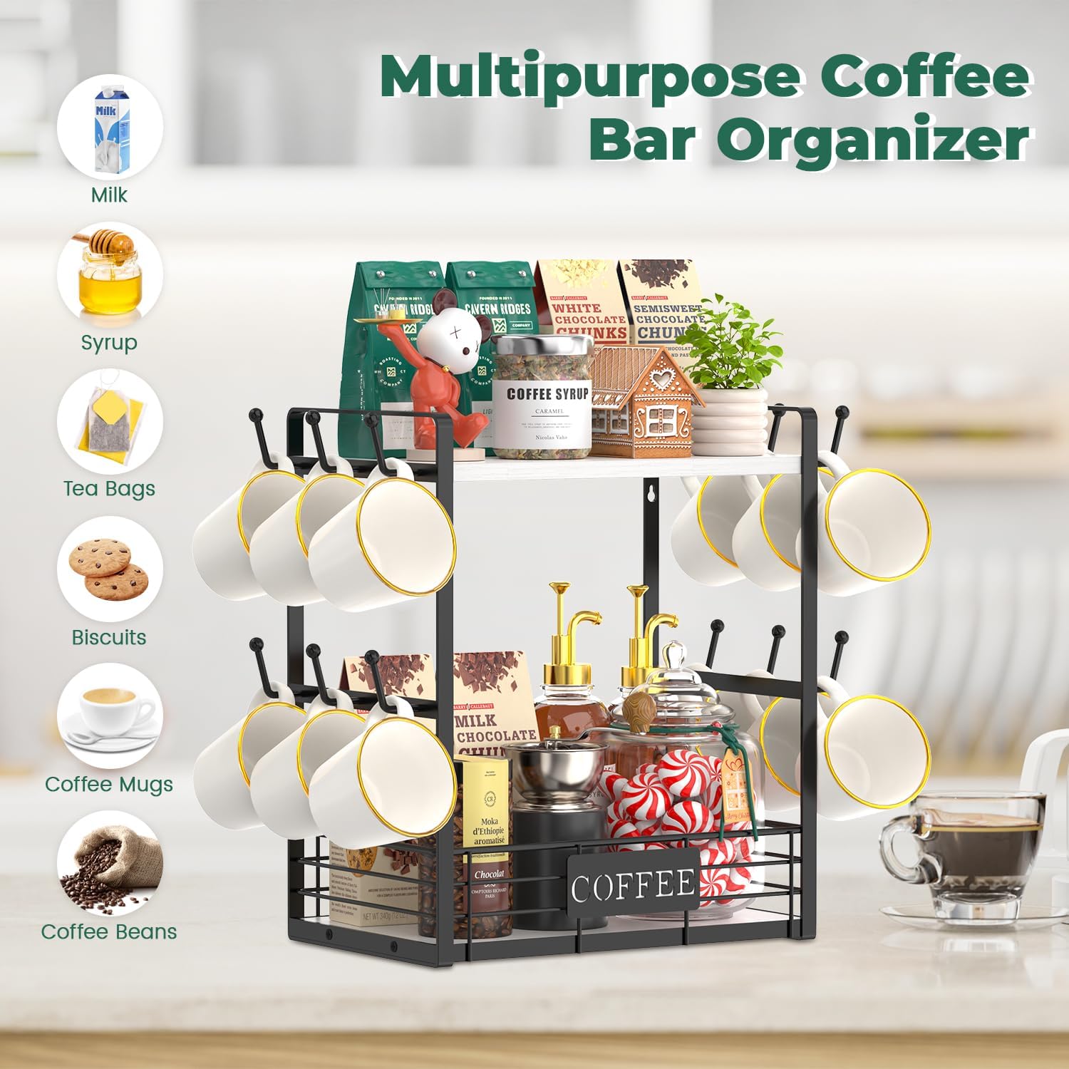 EsLuker.ly Coffee Mug Cup Holder Tree Bar Station Organizer, 2 Tier White | Mug Stand Rack for Countertop Kitchen
