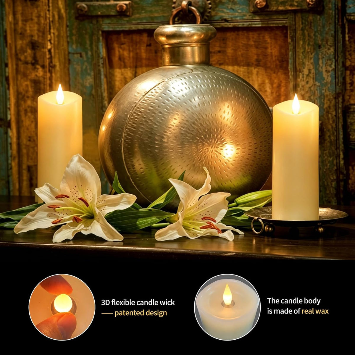 Flameless LED Candles 3"x8" Set of 2, Battery Operated with Remote & Timer, 600-Hour on 2 AA Batteries, Flickering