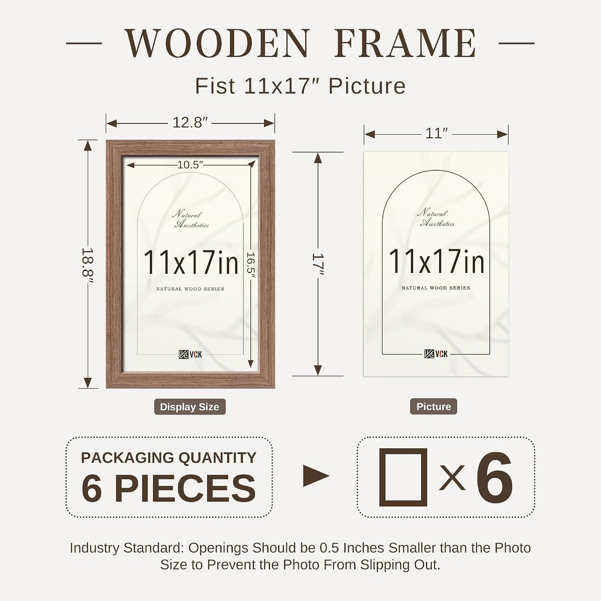 VCK 11x17 Picture Frame Set of 6, Elegant Walnut Wood Prints Frame | 1.1in Wide Border, Wall Hanging, HD Plexiglass