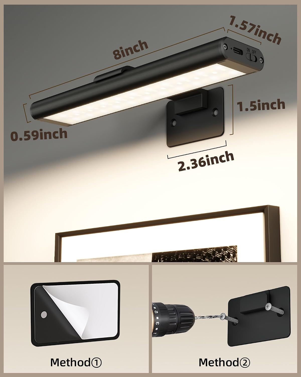 EZVALO Picture Light for Wall, Rechargeable 2400mAh Lights Wireless with IR Remote, 3 Color & Dimmable Magnetic 7.87''