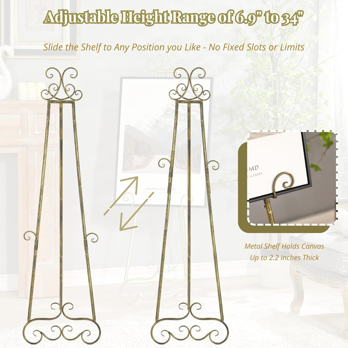 57”H Metal Easel Stand for Sign Vintage Gold Large Adjustable | Free Standing Display Scroll Easel Stand, Heavy Duty