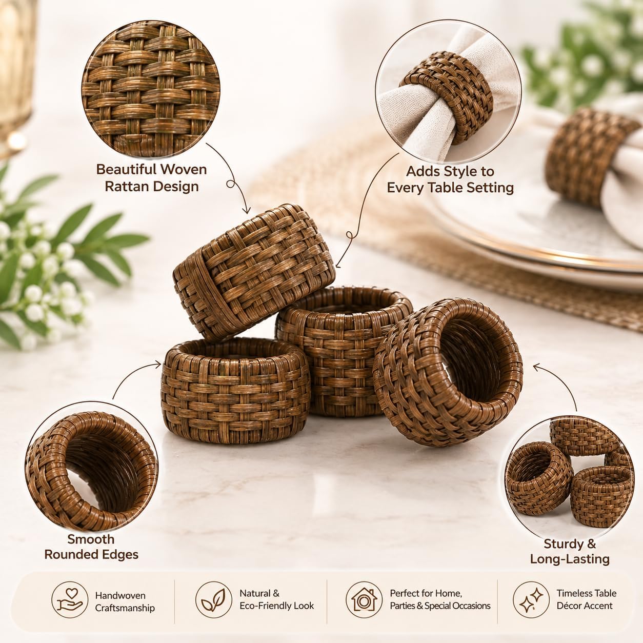 Jute Cane Napkin Rings, Woven, 12-Pack, Walnut | Plastic & cane, 2.25x2.25x1.5 in each, reusable, farmhouse, boho