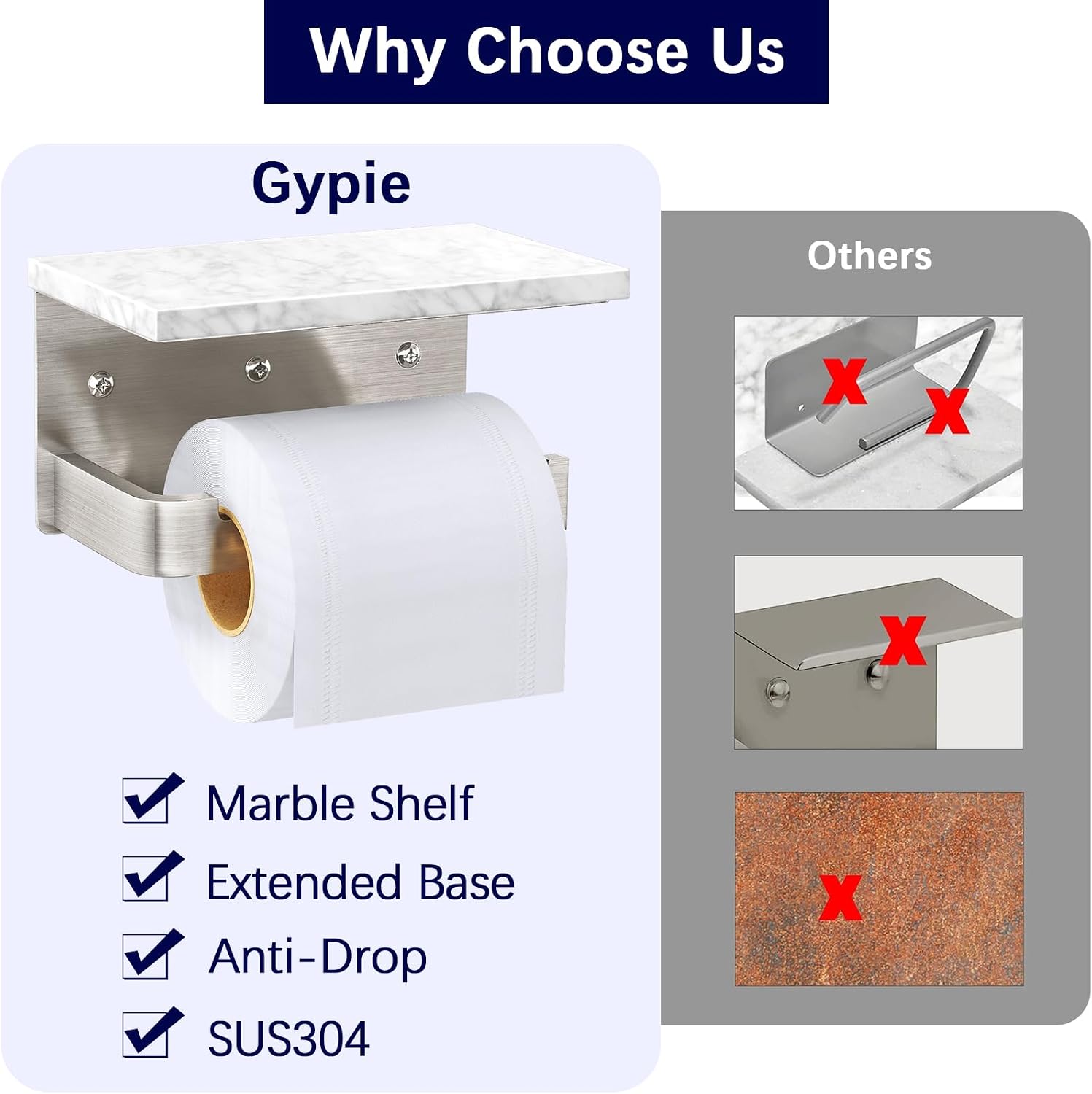 Gypie Toilet Paper Holder with Marble Shelf, Wall Mounted Brushed Nickel | Toilet Roll Holder for Bathroom Washroom