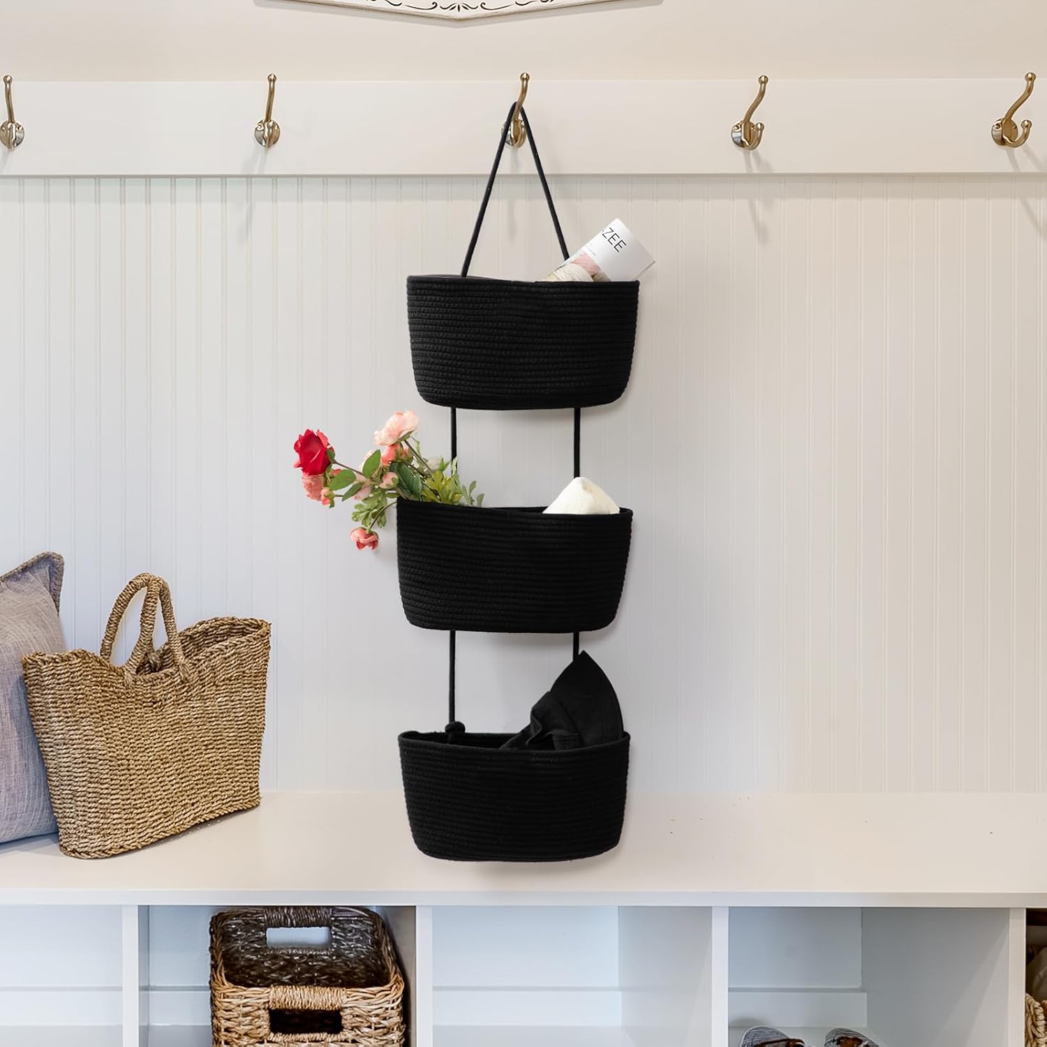 3-Tier Woven Cotton Wall-Mounted Storage Organizer Bag Decorative Hanging Nursery / Black