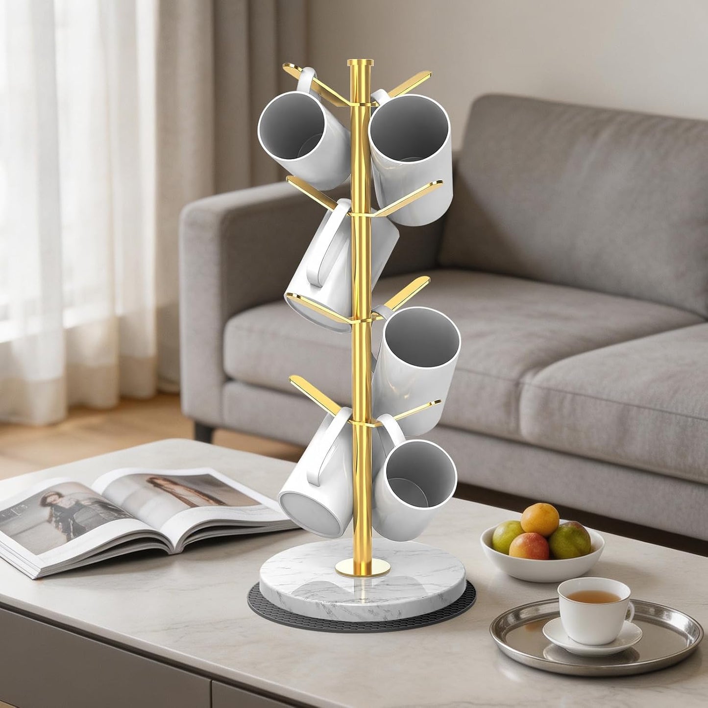 Gold Marble Mug Holder Tree with 2–8 Adjustable Hooks | Detachable Stainless Steel Coffee Cup Stand with Modular Height