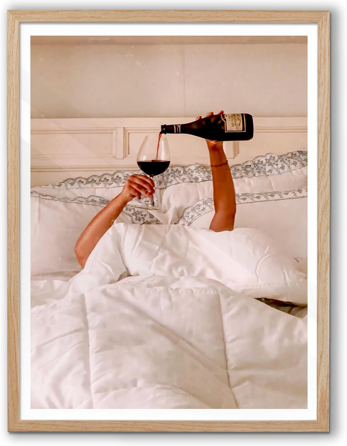 EcoHest 18x24 in Woman Drinking Wine in Bed Framed Wall Art for Bedroom