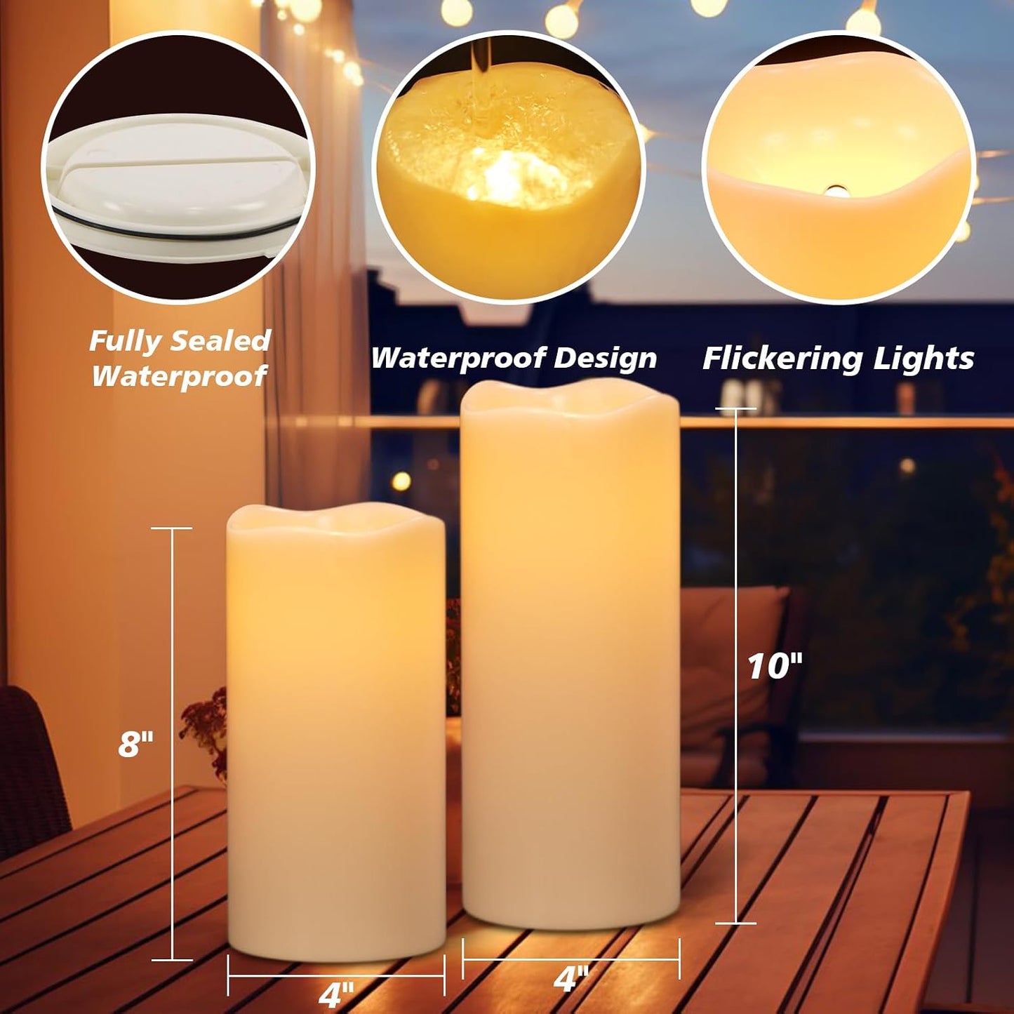 GenSwin Solar Candles Outdoor Waterproof Lantern Ivory White 4 x 8,10 in | IP65, Sensor for Dusk to Dawn, Large Pillar