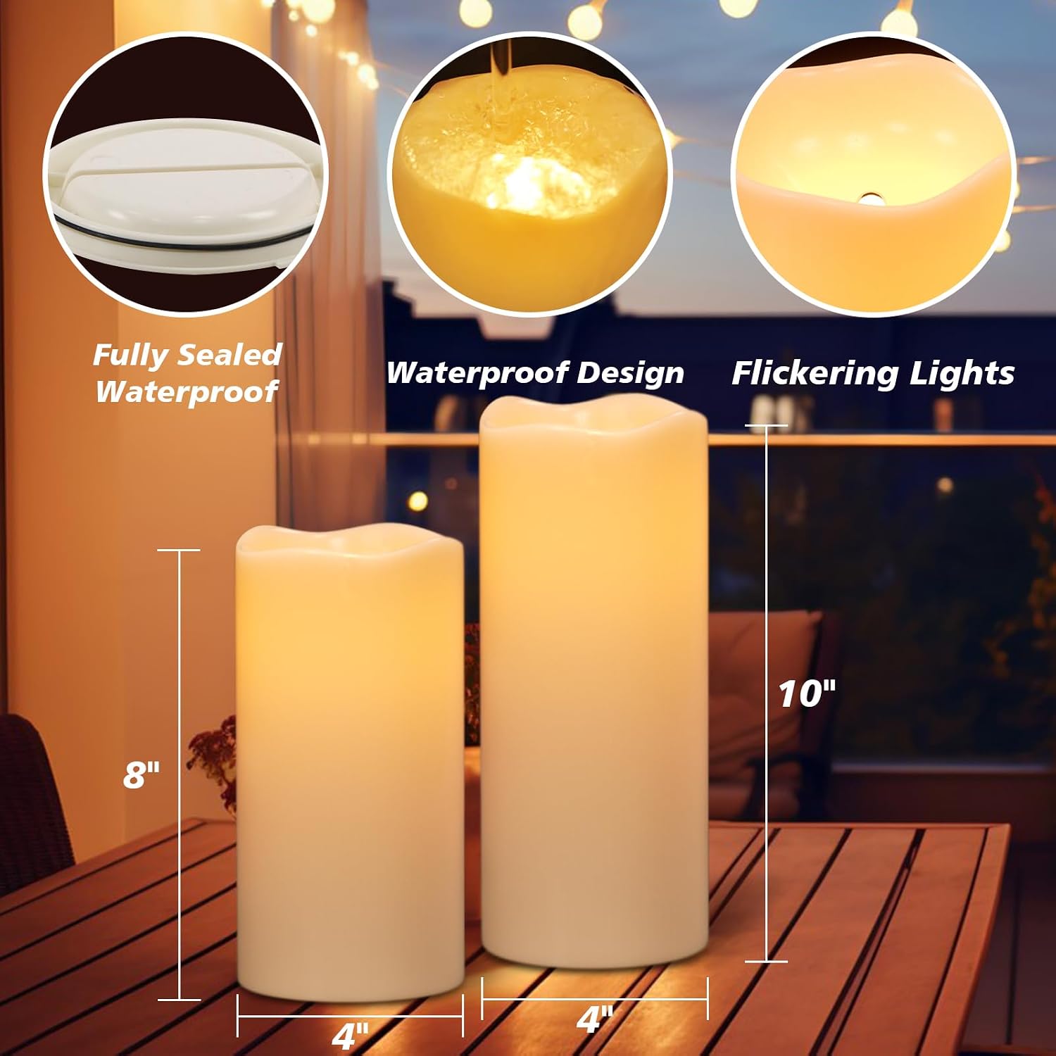 GenSwin Solar Candles Outdoor Waterproof Lantern Ivory White 4 x 8,10 in | IP65, Sensor for Dusk to Dawn, Large Pillar