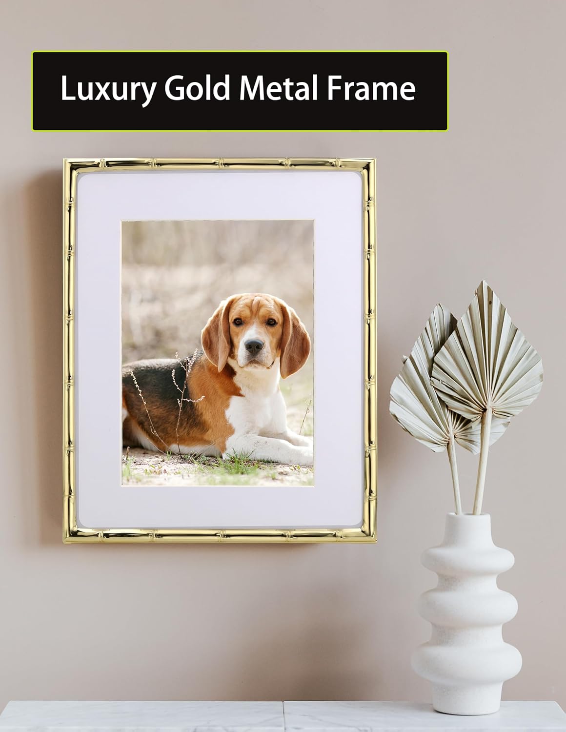 YiPinYin 8x10'' Bamboo Detail Gold Metal Picture Frame with Acid Free Mat for 5x7'' Set of 2,Elegant Narrow Plated
