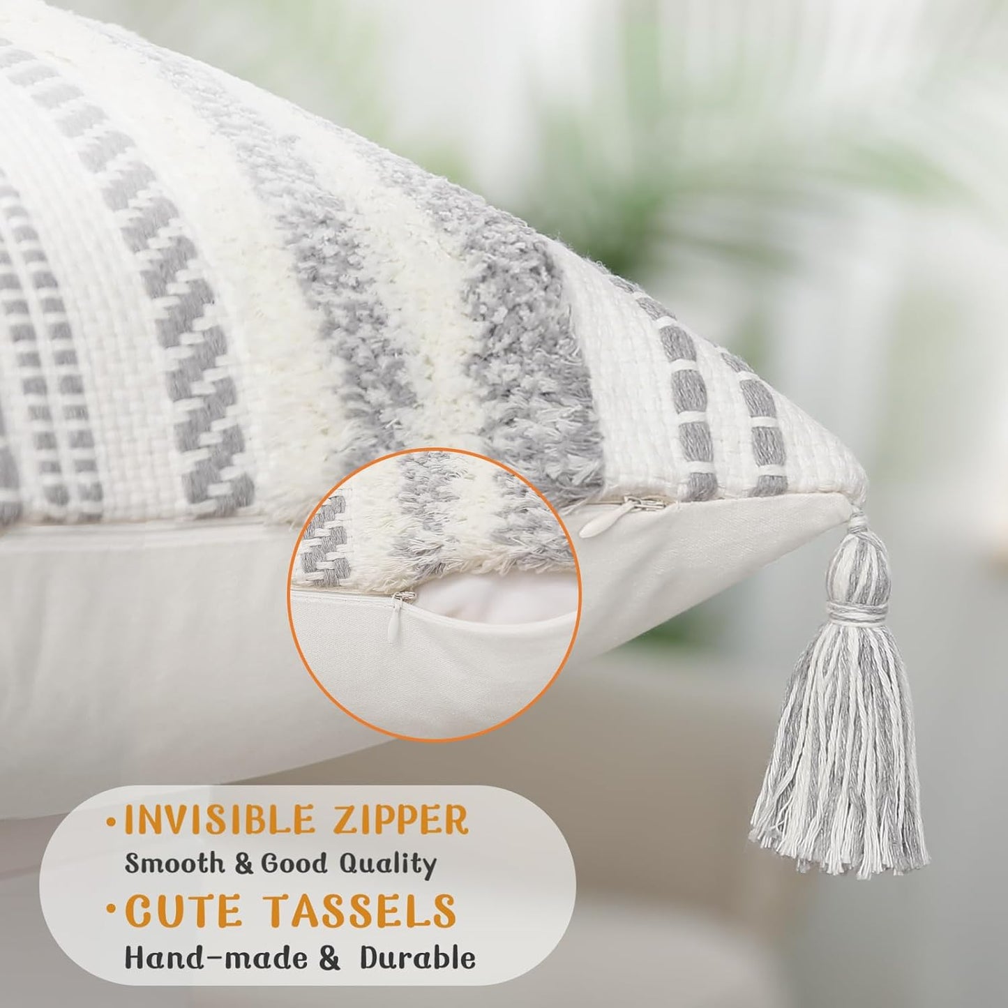 Summer Decorative Boho Throw Pillow Covers / 18 x 18 / Grey and Cream White / Set of 2