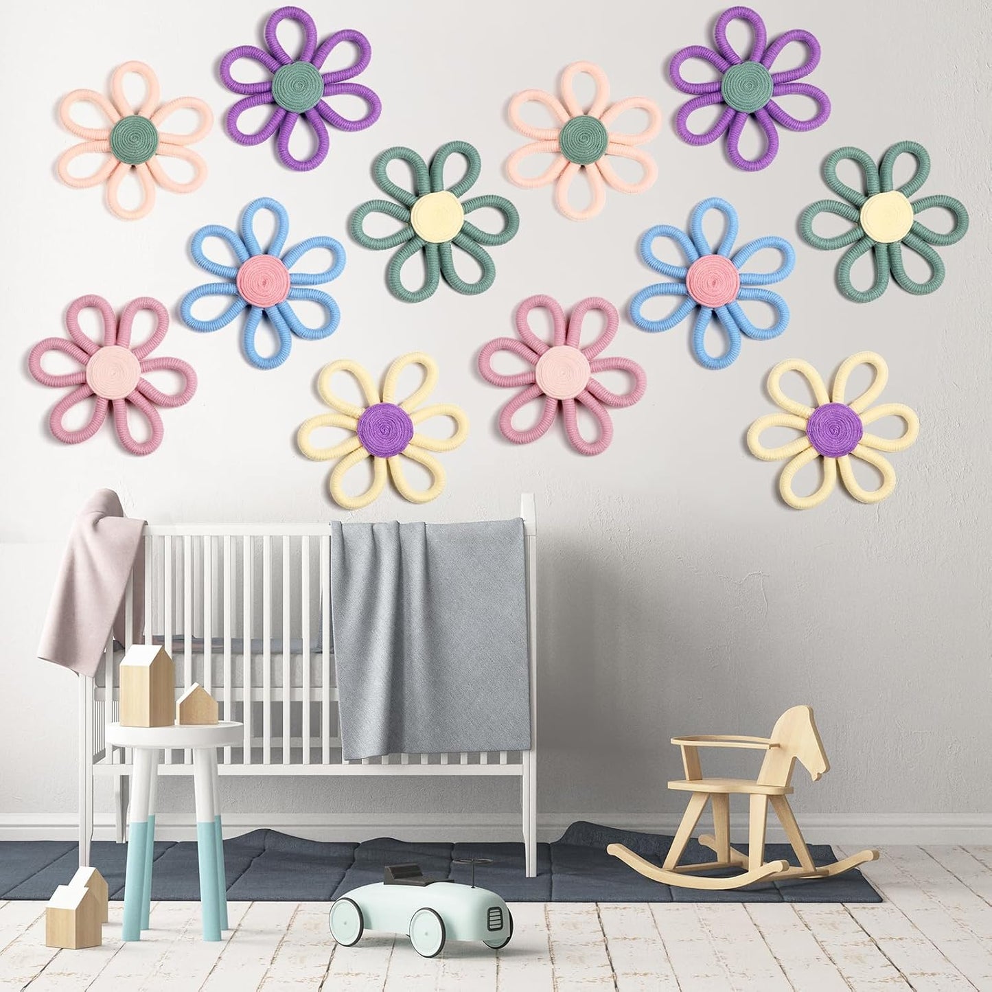 Boho Nursery Decor Flower Daisy Wall Art Woven Macrame Wall / Vivid Colors / 6 Inch / Set of 6