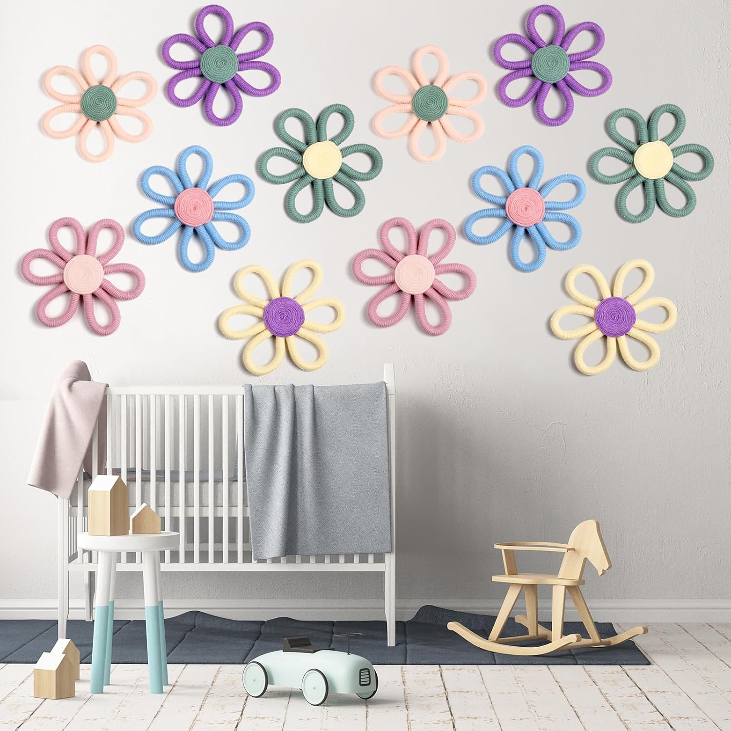 Boho Nursery Decor Flower Daisy Wall Art Woven Macrame Wall / Vivid Colors / 6 Inch / Set of 6
