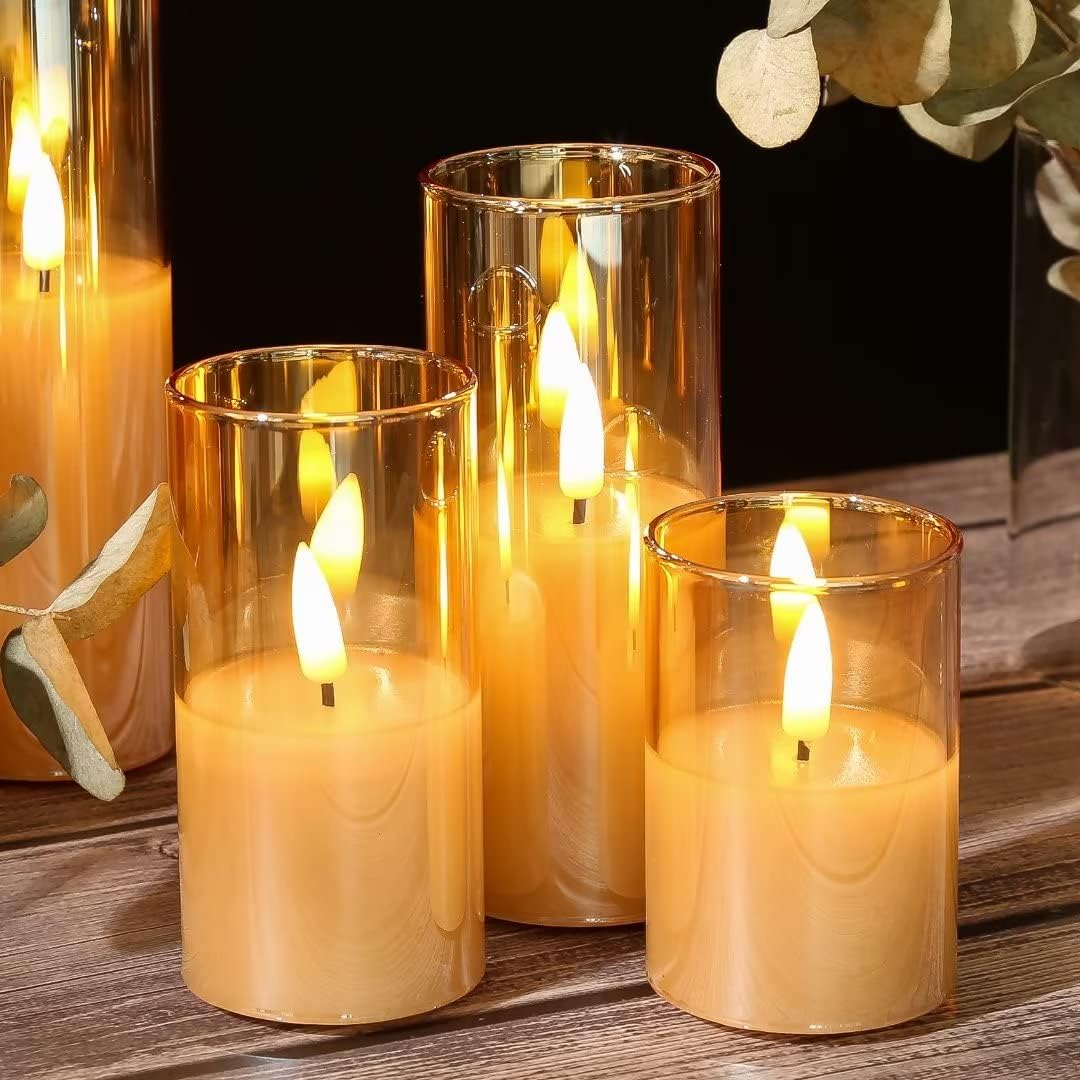 Amber Gold Glass Flameless Pillar Candles with Remote Set of 5 | Flickering Fall LED Candles, Batteries Included