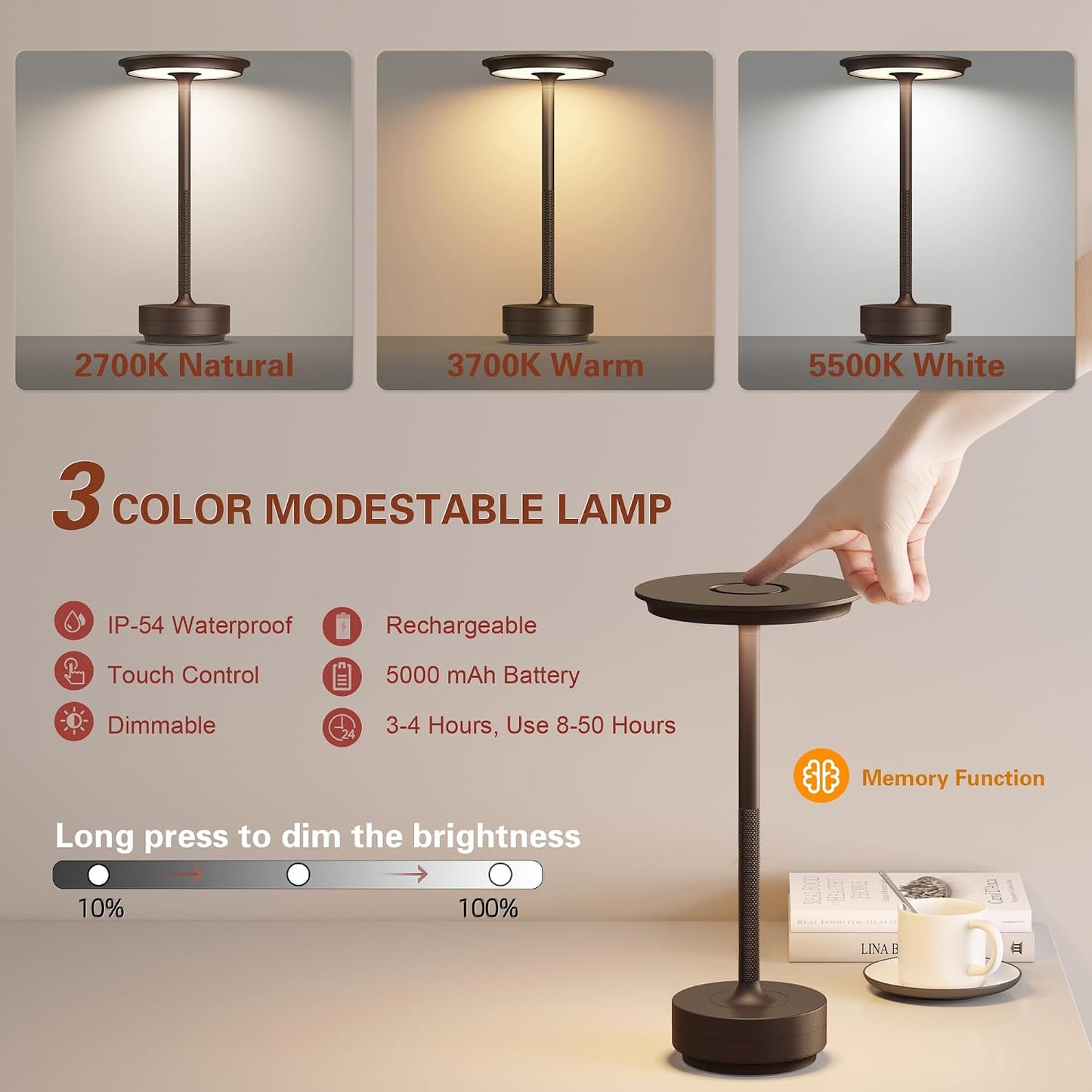Cordless Table Lamp, Rechargeable 5000mAh Outdoor LED Touch Lamp | 3 Levels Brightness Dimming IP54 Waterproof Touch