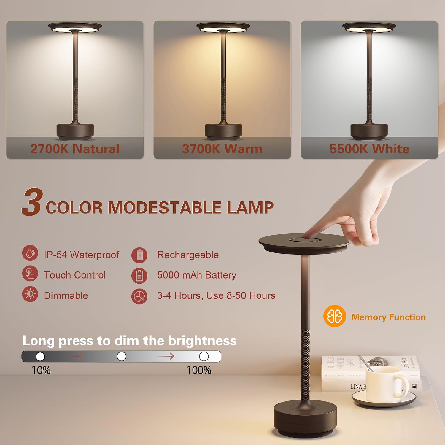 Cordless Table Lamp, Rechargeable 5000mAh Outdoor LED Touch Lamp | 3 Levels Brightness Dimming IP54 Waterproof Touch