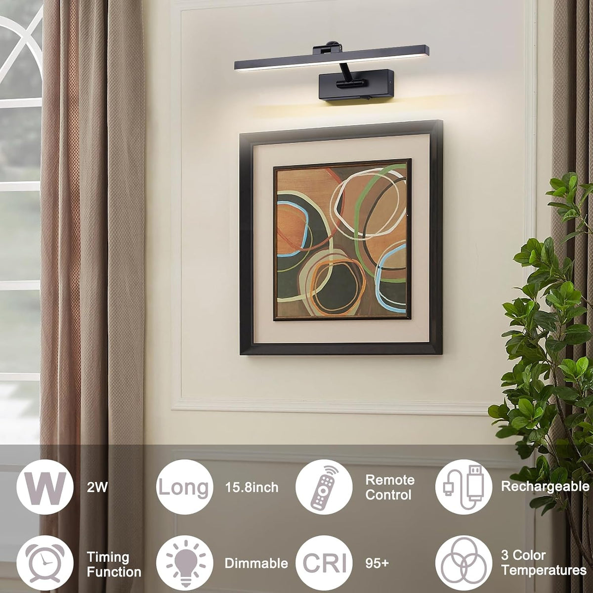LED Wireless Picture Light with Remote Control,USB Rechargeable Battery Powered Art Lamps,Dimmable,270°