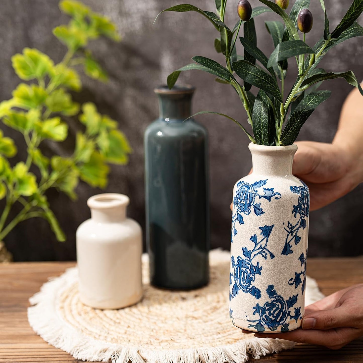 Rustic Farmhouse Vase / 102-blue and White / Set of 3