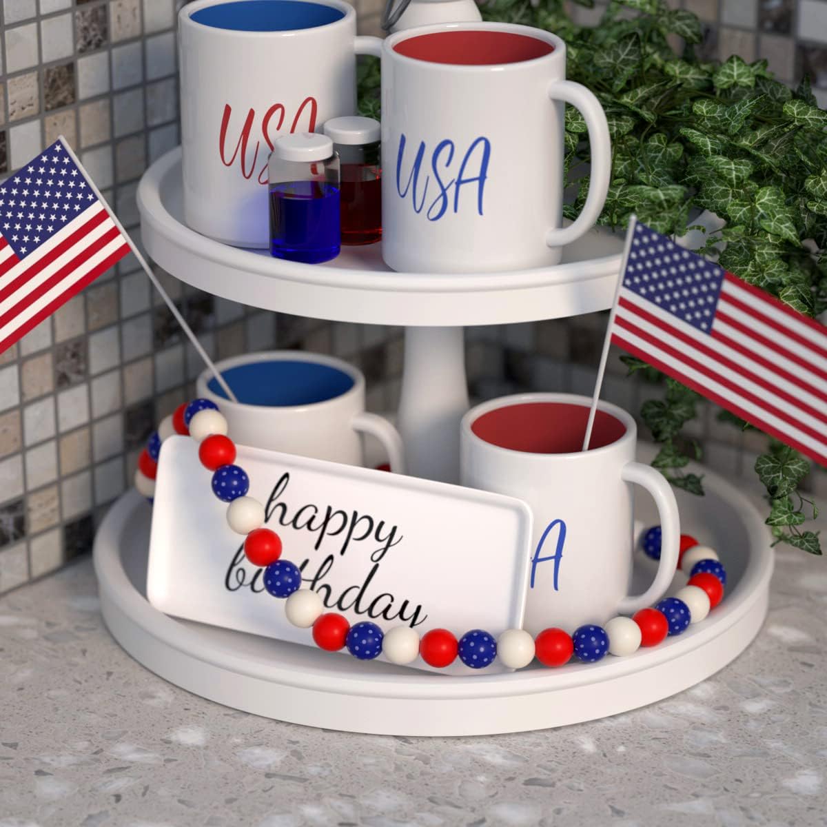 Patriotic Wood Bead Garland / Yd-wood Beed-07-us / Set of 2