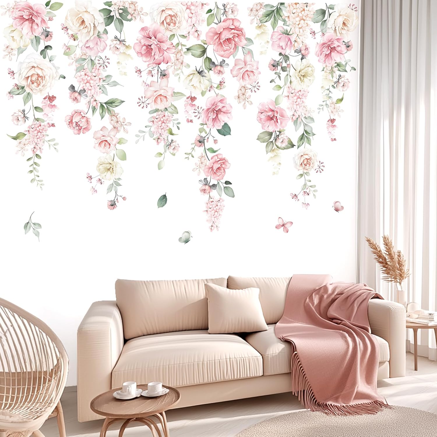 Large Flowers Wall Stickers Hanging Vine Floral Leaves Peel and Stick Wall Art Decals / Pink