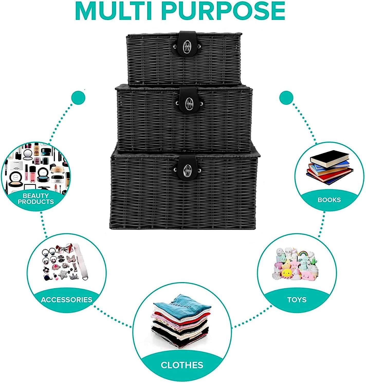 Woven Wicker Storage Basket Box / Black / Set of 3
