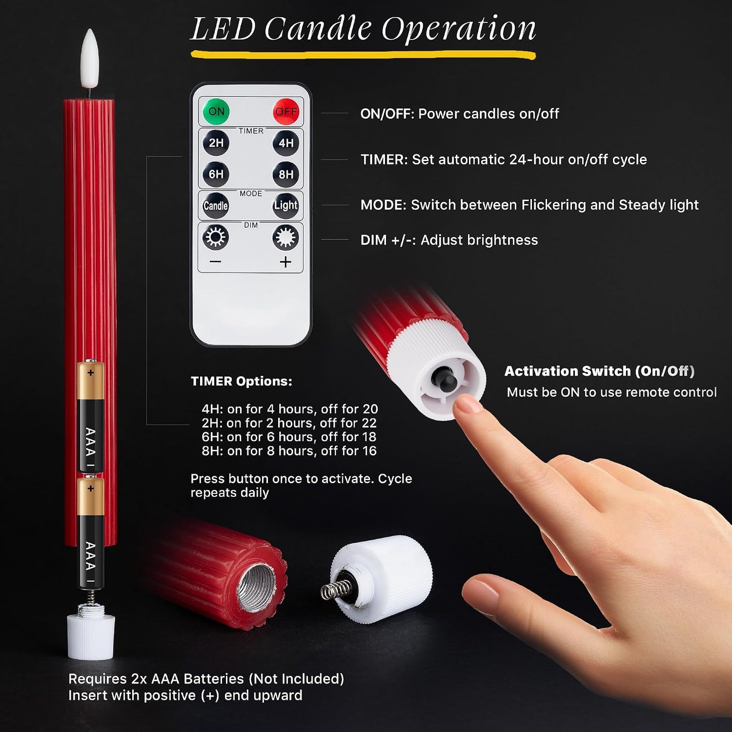 10" Fluted Ribbed LED Red Grooved Pillar Candles, Remote & 24h Timer Memory, On/Off Switch - Flameless Dimmable Battery
