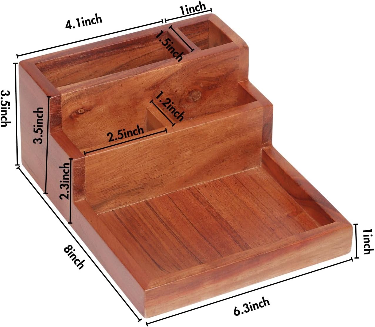 Acacia wood desk organizer and card holder | 5 compartments | Keep pens, remotes, phone, wallets, office desk