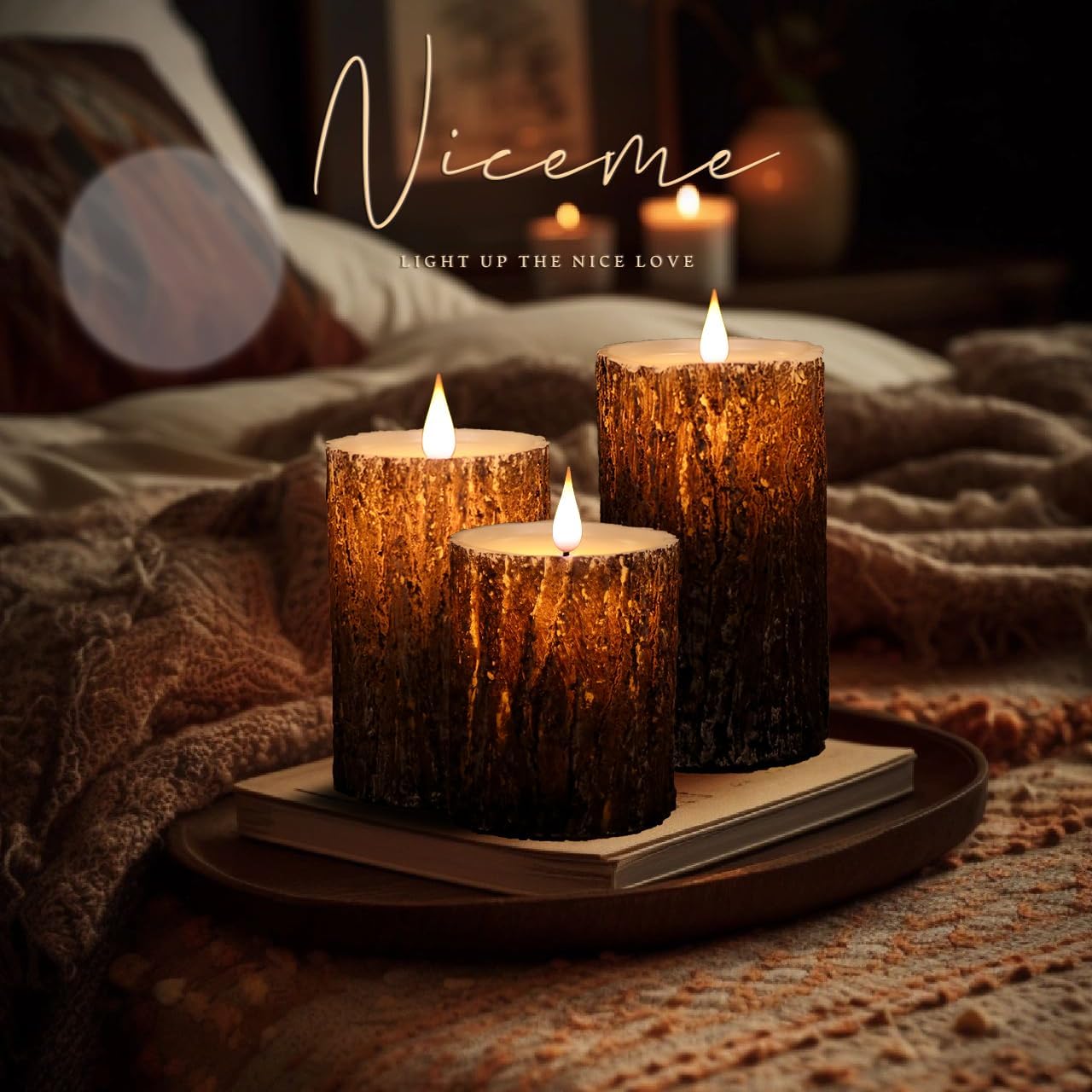 NICEME Rechargeable LED Pine Bark Flameless Candles with Timer Remote USB Cable, Brown Real Wax USB Candles Flickering