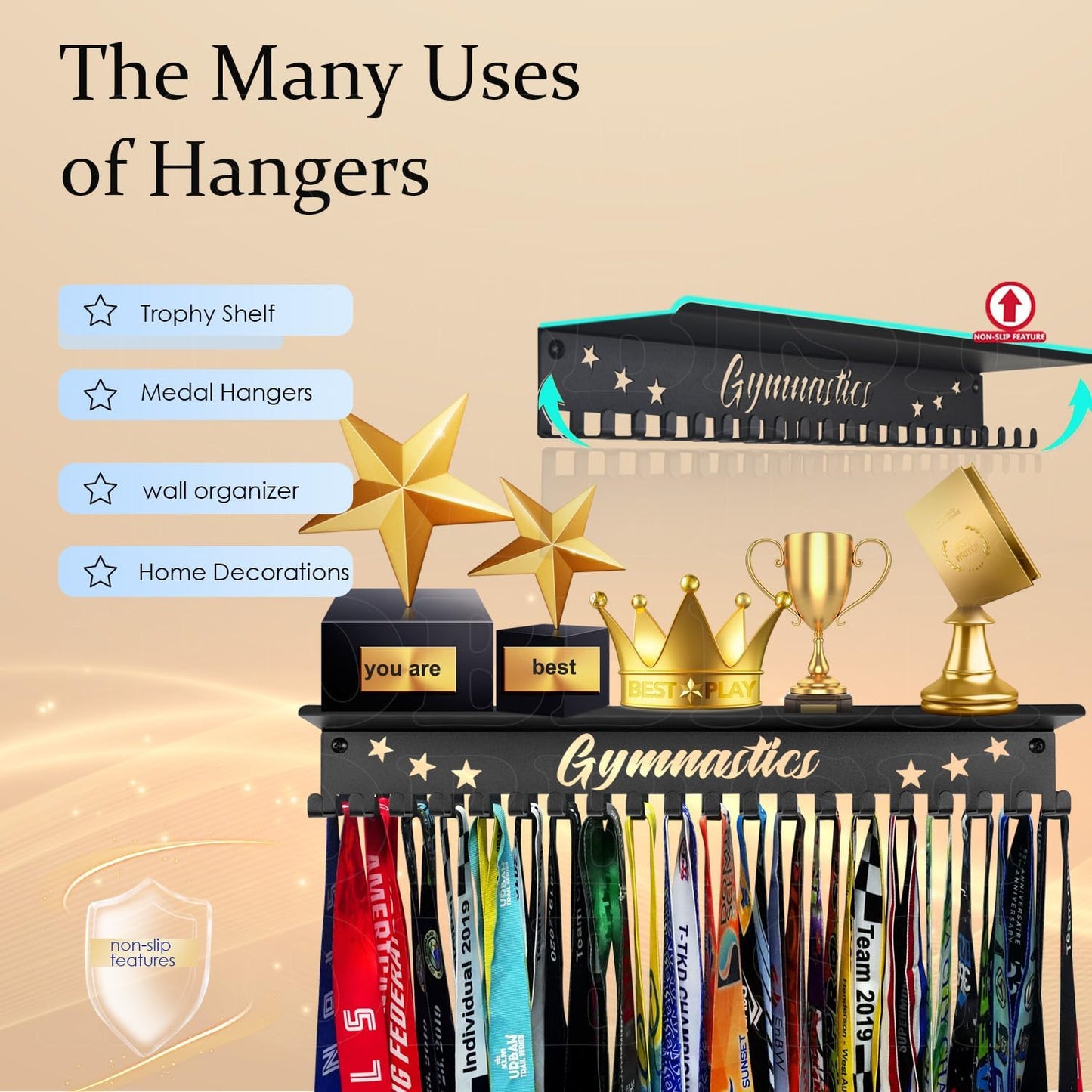 iBobbish Metal Medal Hanger Display,Non-Slip Trophy Shelf with 20 Hooks,Wall Mount,Heavy Duty,Non-Bent,Holds