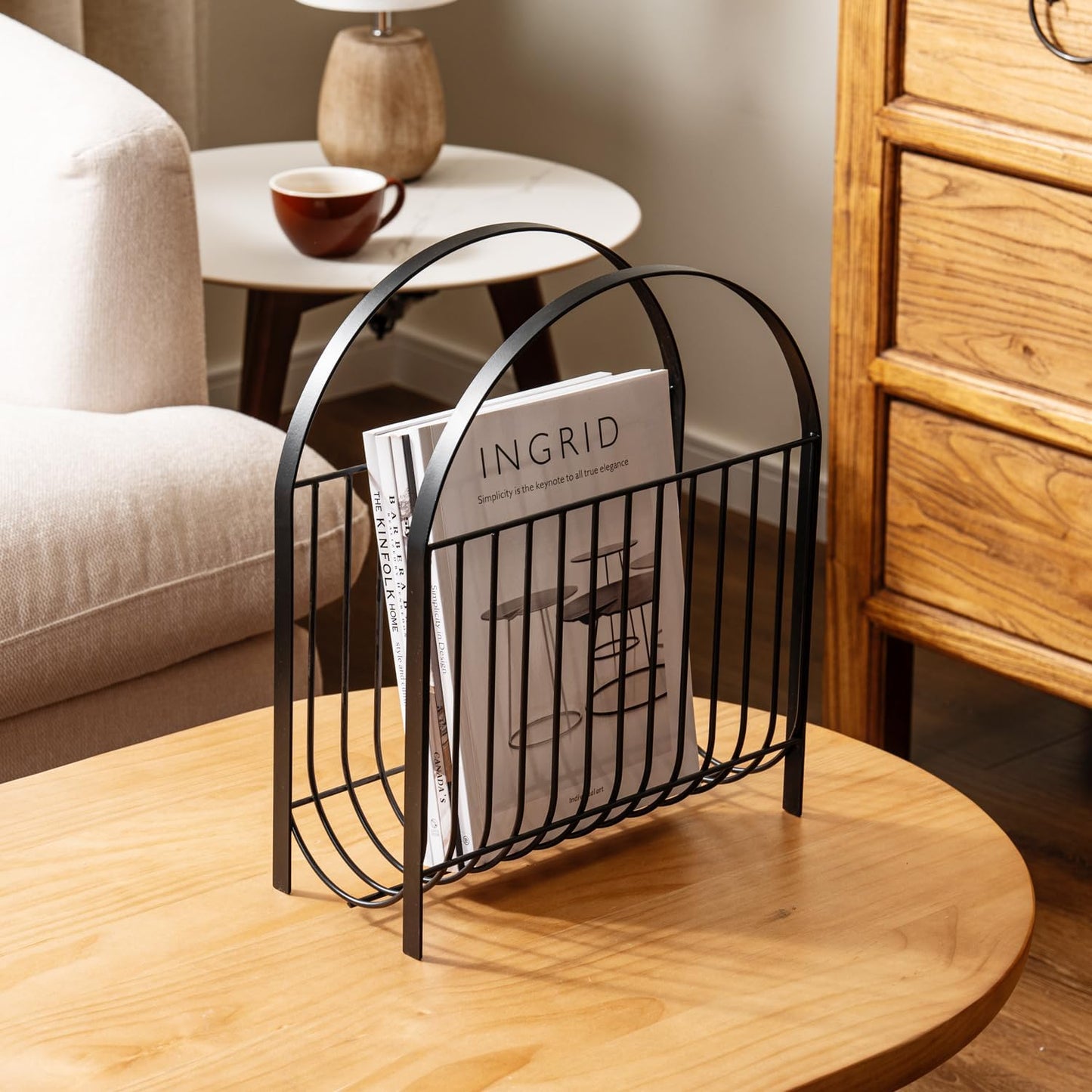 MyGift Mid Century Black Metal Wire Magazine Rack Floor or Tabletop | Mid Century Design, Matte Finish, Sling Basket