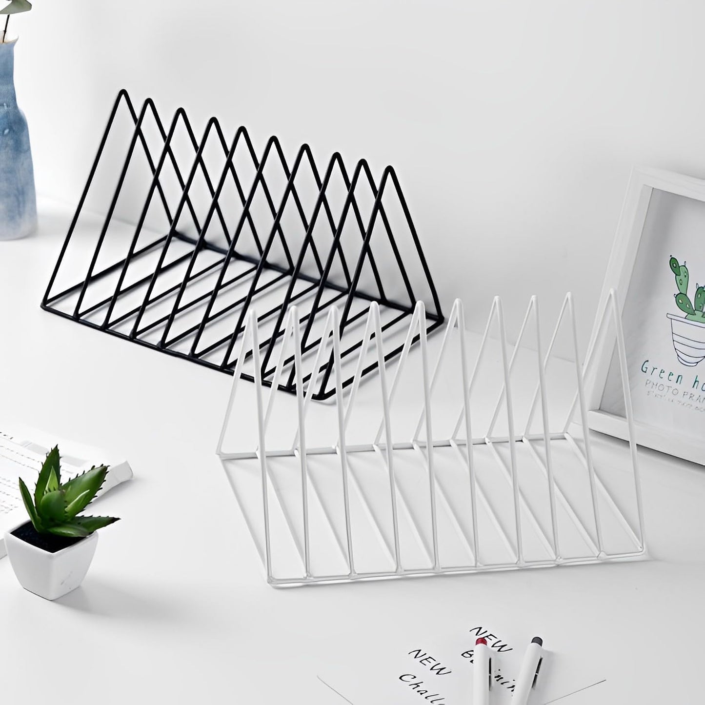 Sooyee 2 Pack 9 Slot White Magazine Holder, Desktop File Sorter Organizer Triangle Bookshelf Decor for Home Office