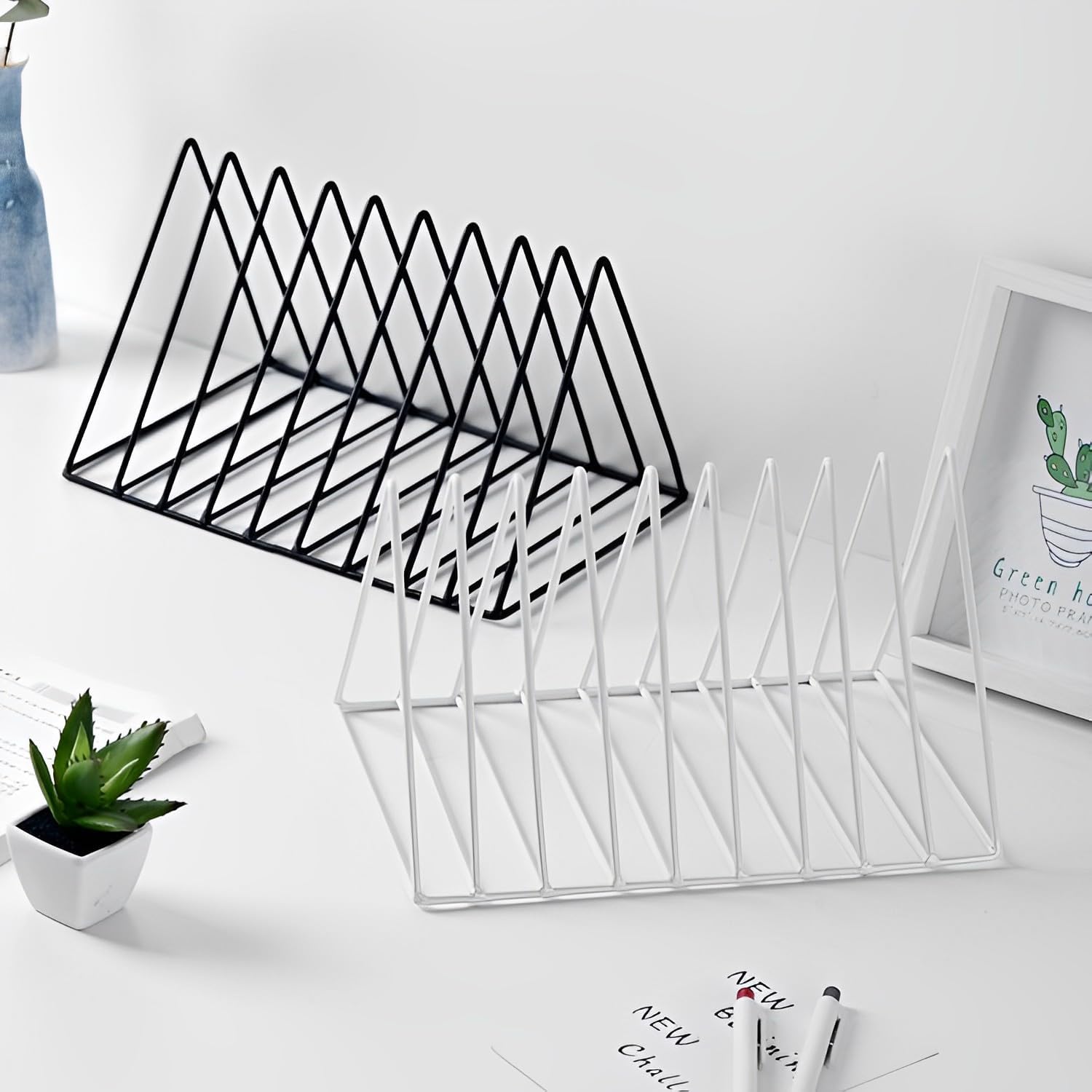Sooyee 2 Pack 9 Slot White Magazine Holder, Desktop File Sorter Organizer Triangle Bookshelf Decor for Home Office