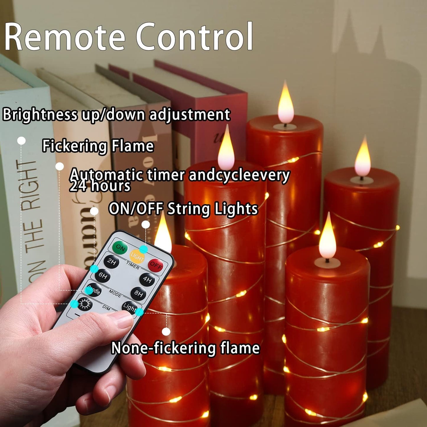 Red Flameless Candle with Remote Control LED Candle with String Lights Battery Powered Flameless Candle4'' 5'' 6'' 7''