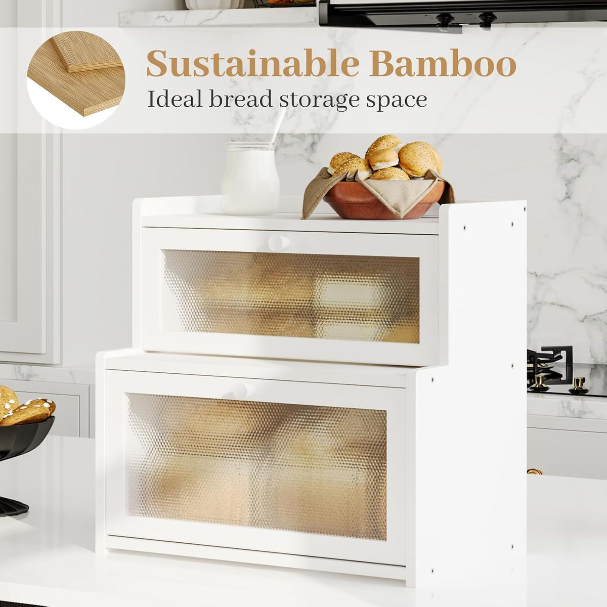 Bread Box for Kitchen Countertop, Large Bamboo Bread Storage Container with Double Layer, Bread Holder for Homemade