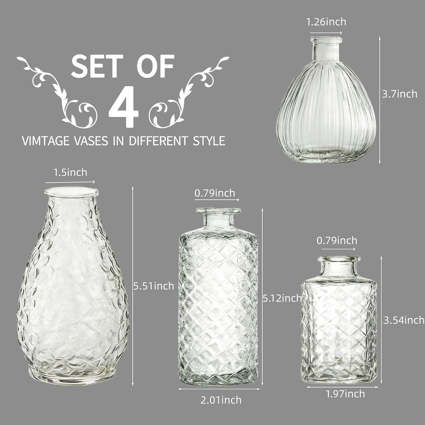 Glass Bud Vases / A / Clear / Set of 4