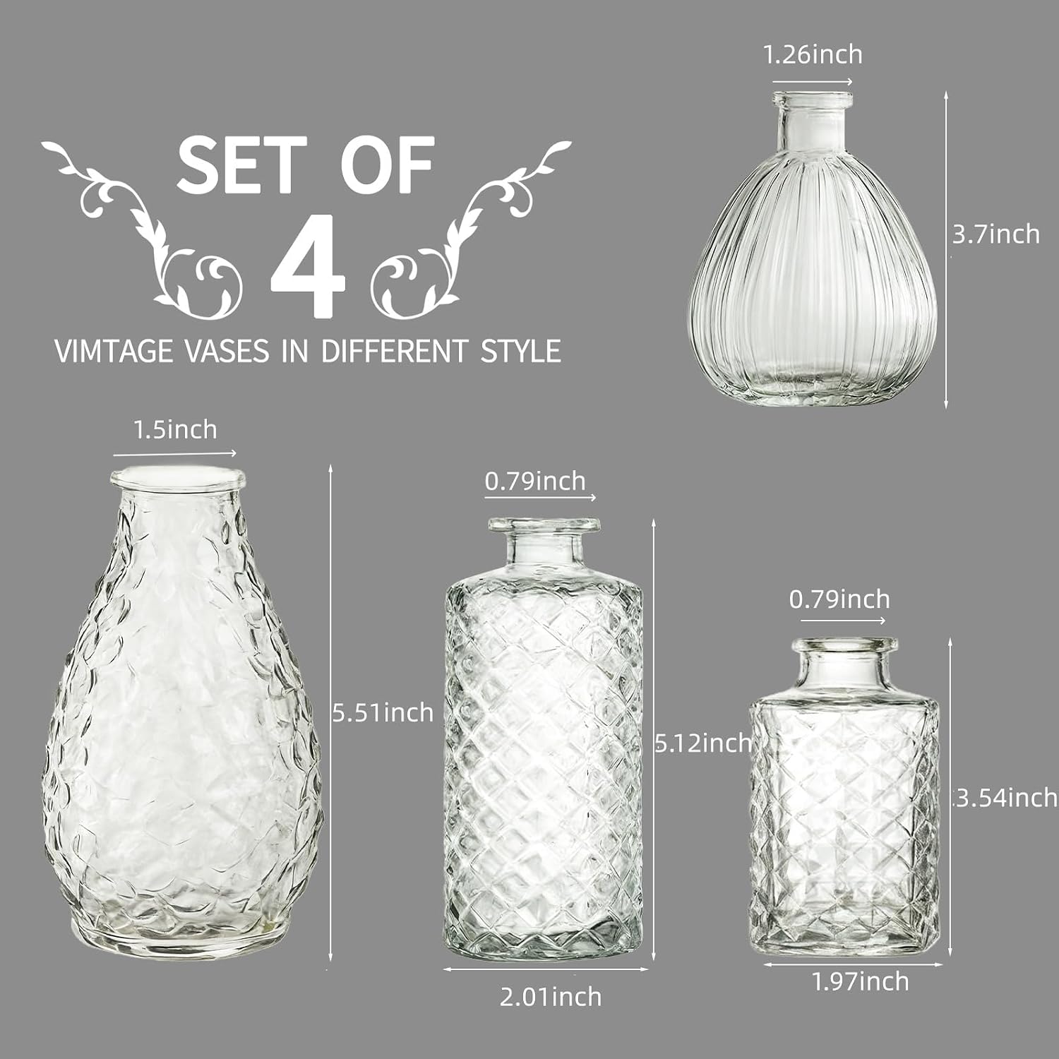 Glass Bud Vases / A / Clear / Set of 4