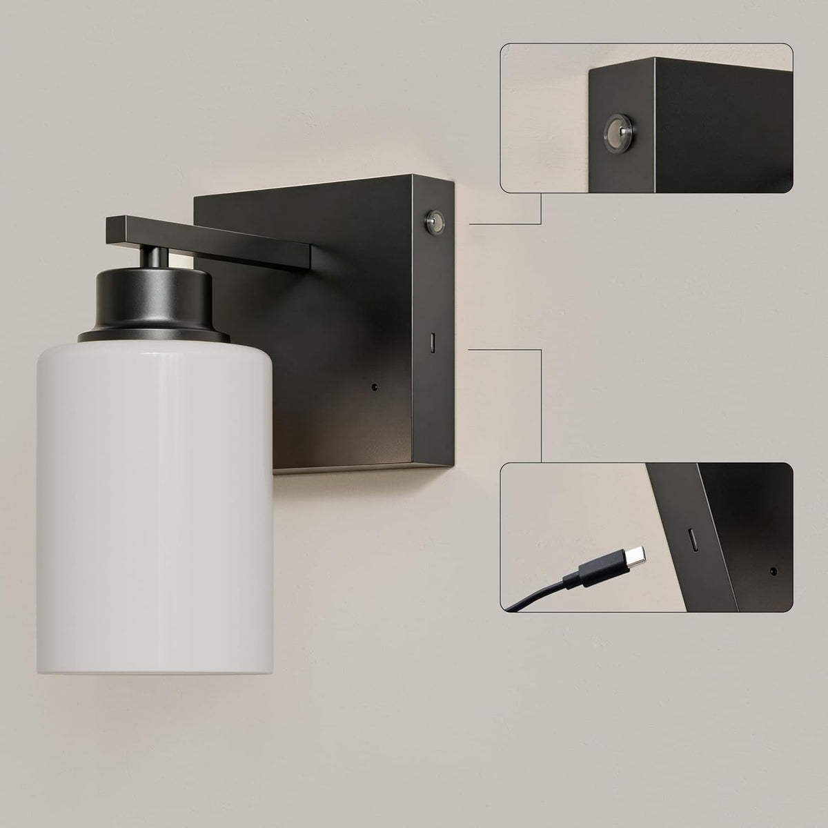 Wireless Battery Operated Wall Sconce Set of Two, Modern White Glass, Black | Dimmable, Easy Install Rechargeable Wall