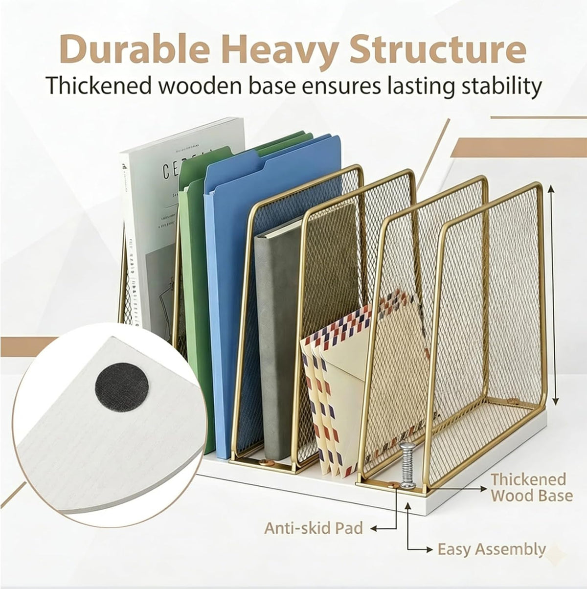 5-Section Vertical File Organizer for Desk, Gold | Sturdy Wood Base, Metal Mesh, Desktop File Holder, Upright Paper