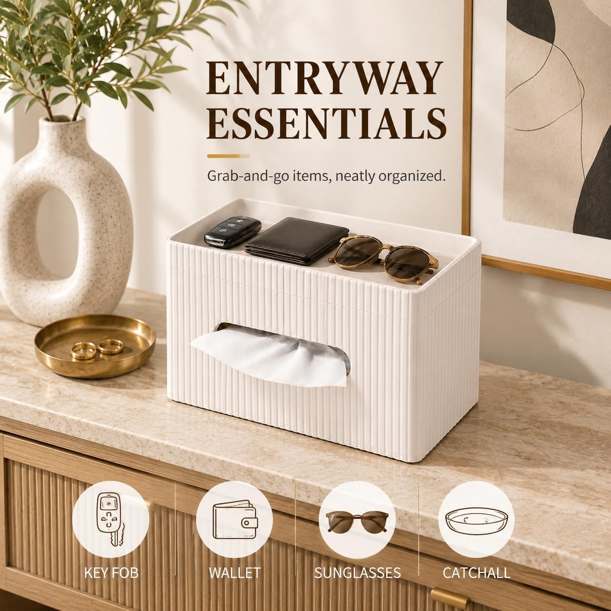 Ribbed PU Leather Tissue Box Cover / Ivory White