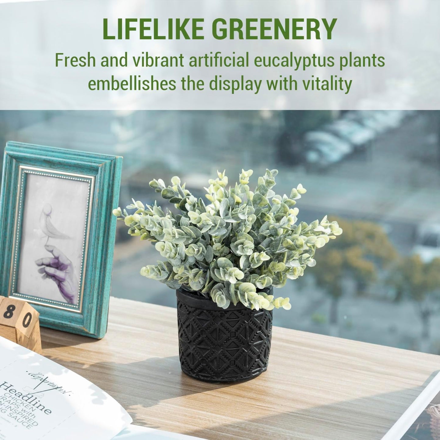 Artificial Eucalyptus Plant in Modern Gray Concrete Pots / Black