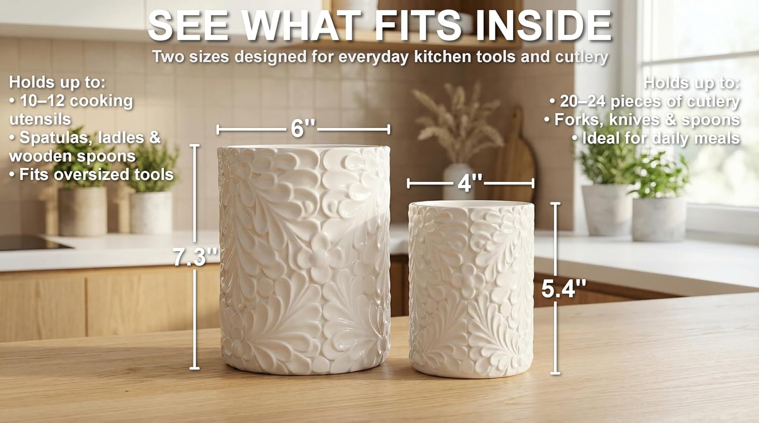 25DOL Large 7.3"+5.4" Engraved Ceramic Utensil Holder for Countertop, Cooking Utensils Organizer for Spatula, Large