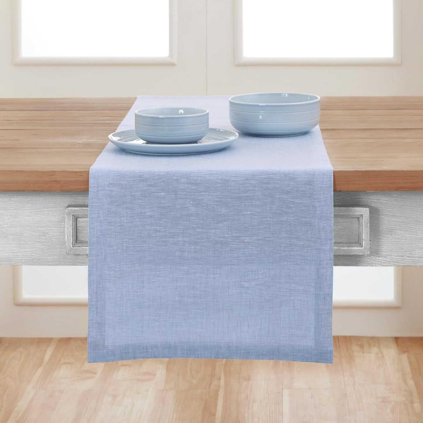 Solino Home 100% Pure Linen Table Runner Chambray Blue, Athena 14 x 108 in | Table Runners for 8-10 seater dining