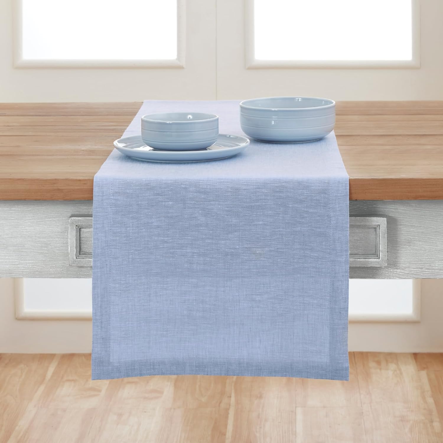 Solino Home 100% Pure Linen Table Runner Chambray Blue, Athena 14 x 108 in | Table Runners for 8-10 seater dining