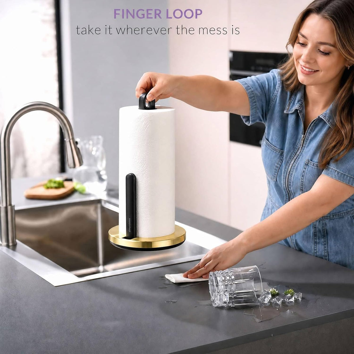 simpletome ONE Hand Tear Paper Towel Holder Countertop (Brushed Gold) | tension arm, tear one/more sheets at one time