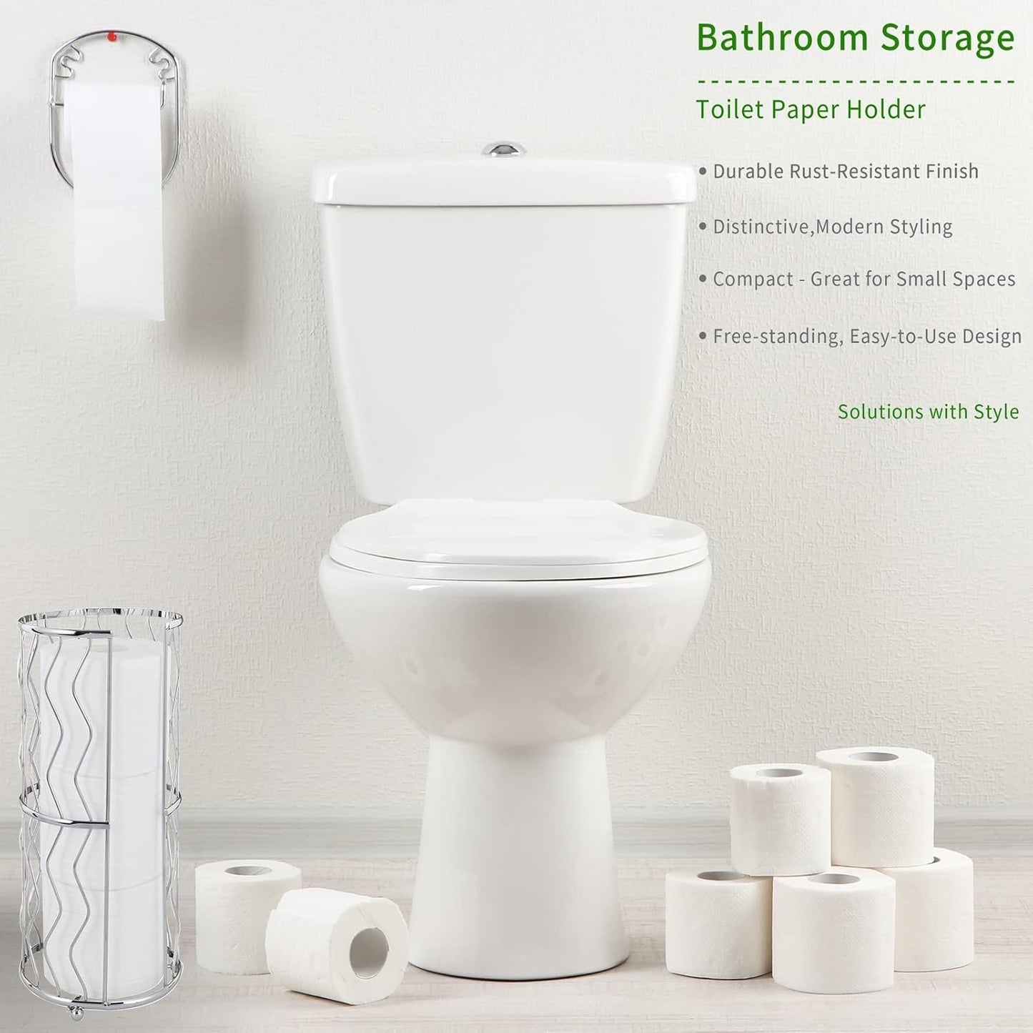 Decorative Metal Standing Toilet Tissue Holder for Bathroom/Powder Room, Compact Tissue Reserve for 3 Jumbo Rolls of