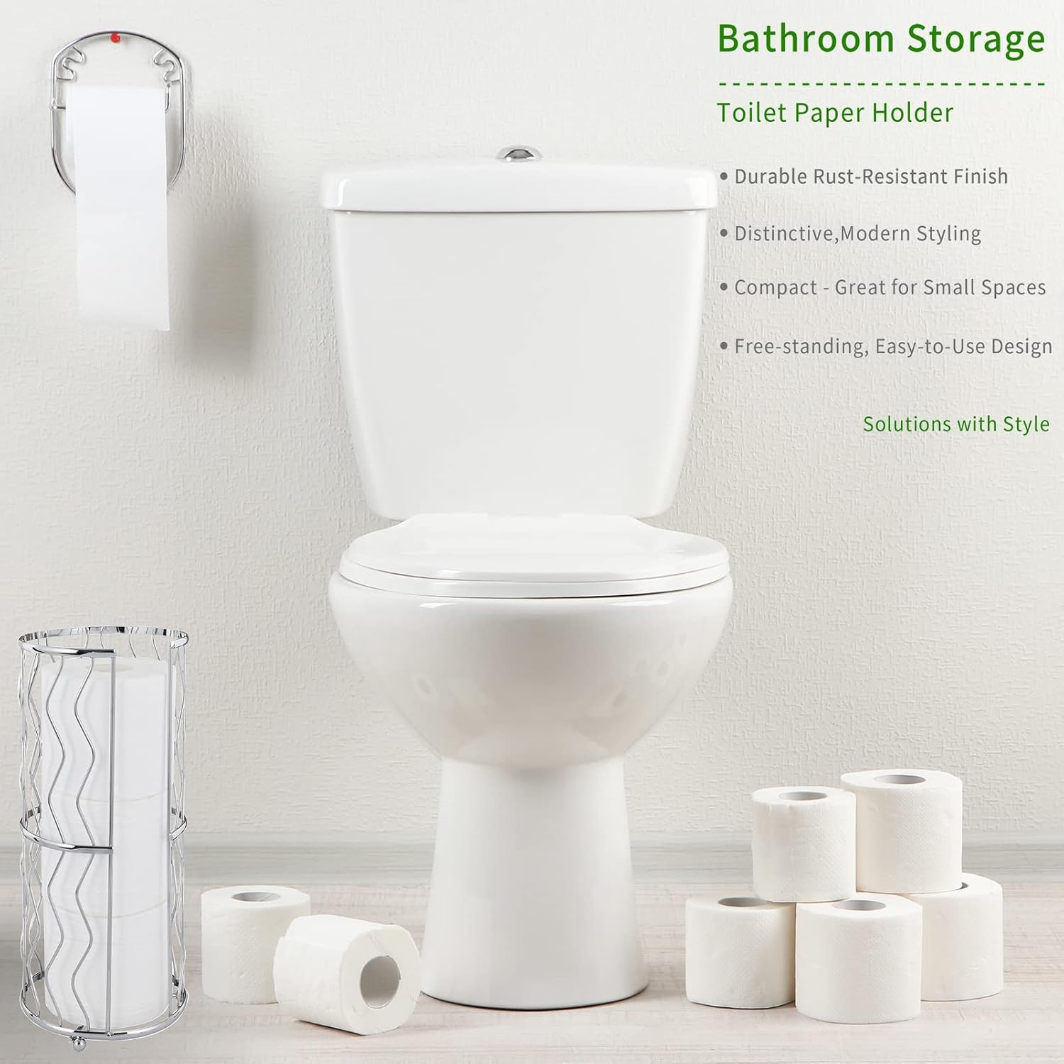 Decorative Metal Standing Toilet Tissue Holder for Bathroom/Powder Room, Compact Tissue Reserve for 3 Jumbo Rolls of